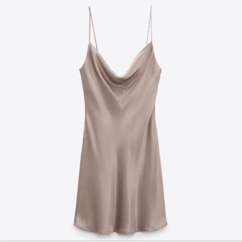 NWT | Zara Satin Slip Dress with Sparkle Strap - Gray - Medium